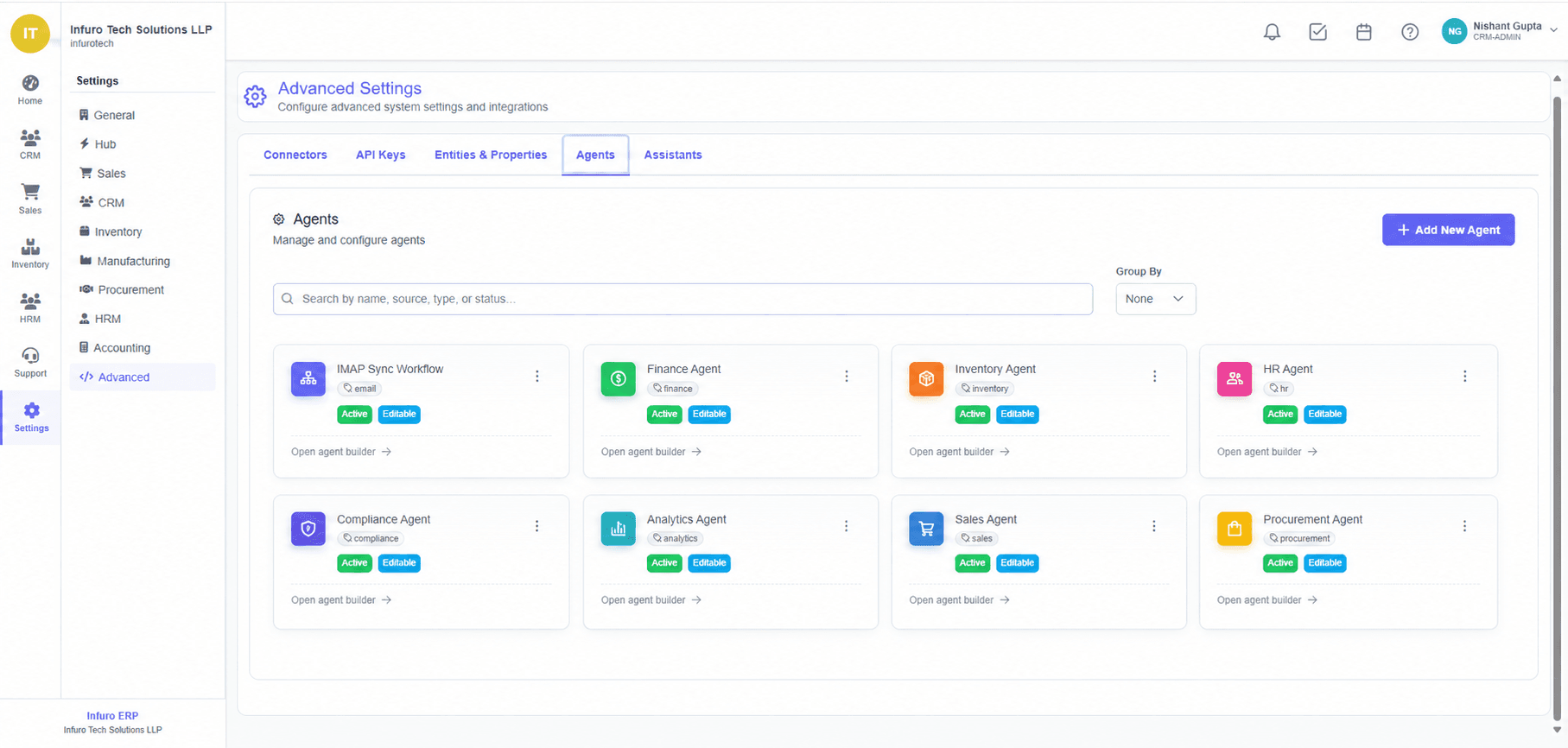 Infuro Autonomous ERP Agents — manage and configure agents
